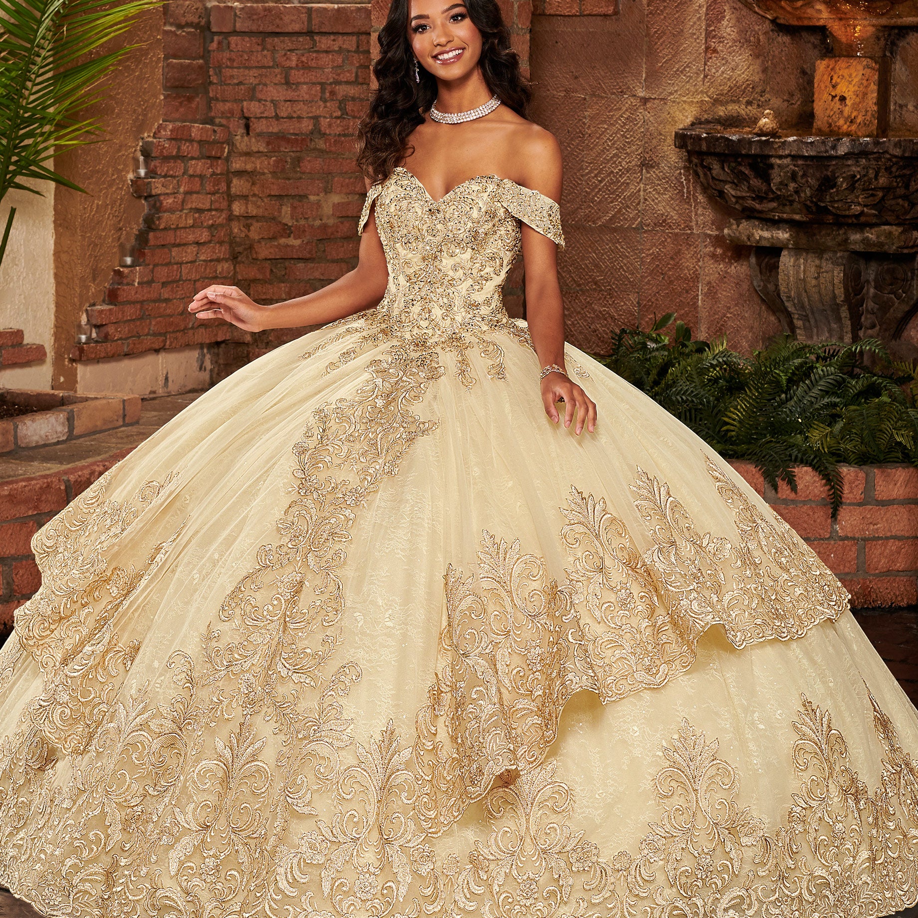 Embroidered Quinceanera Dress by Mary's Bridal MQ2136 16 / Champagne/Light Gold Embroidered Quinceanera Dress by Mary's Bridal MQ2136 16 / Champagne/Light Gold