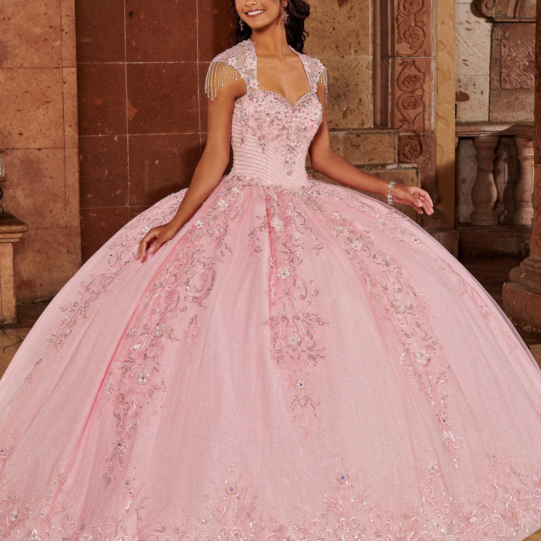 Floral Glitter Quinceanera Dress by Alta Couture MQ3071 10 / Pink Floral Glitter Quinceanera Dress by Alta Couture MQ3071 10 / Pink