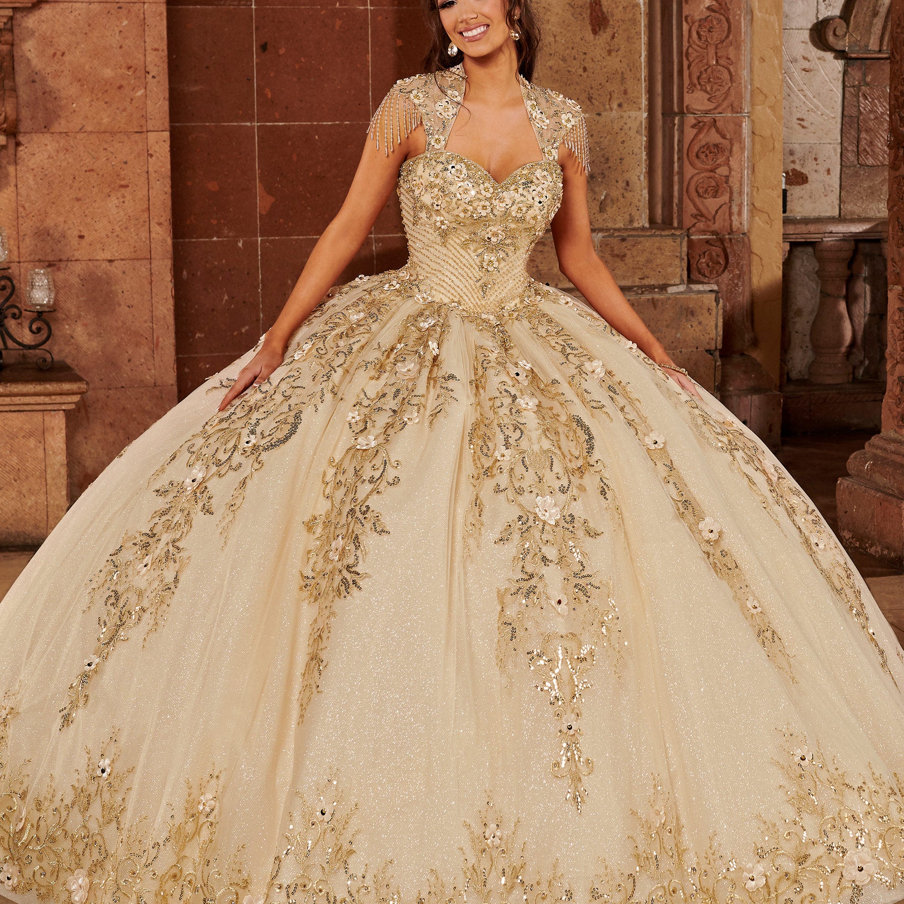 FLORAL GLITTER QUINCEANERA DRESS BY ALTA COUTURE MQ3071 - 0 / Champagne/Rose Gold FLORAL GLITTER QUINCEANERA DRESS BY ALTA COUTURE MQ3071 - 0 / Champagne/Rose Gold